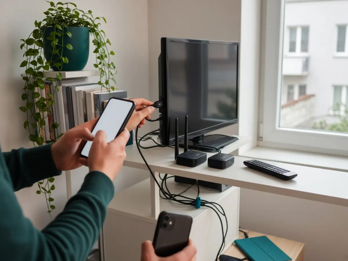 Jemand steht am schmalen Regal mit ausgeschaltetem Fernseher und tippt am Handy eine Frage nach der Programmliste